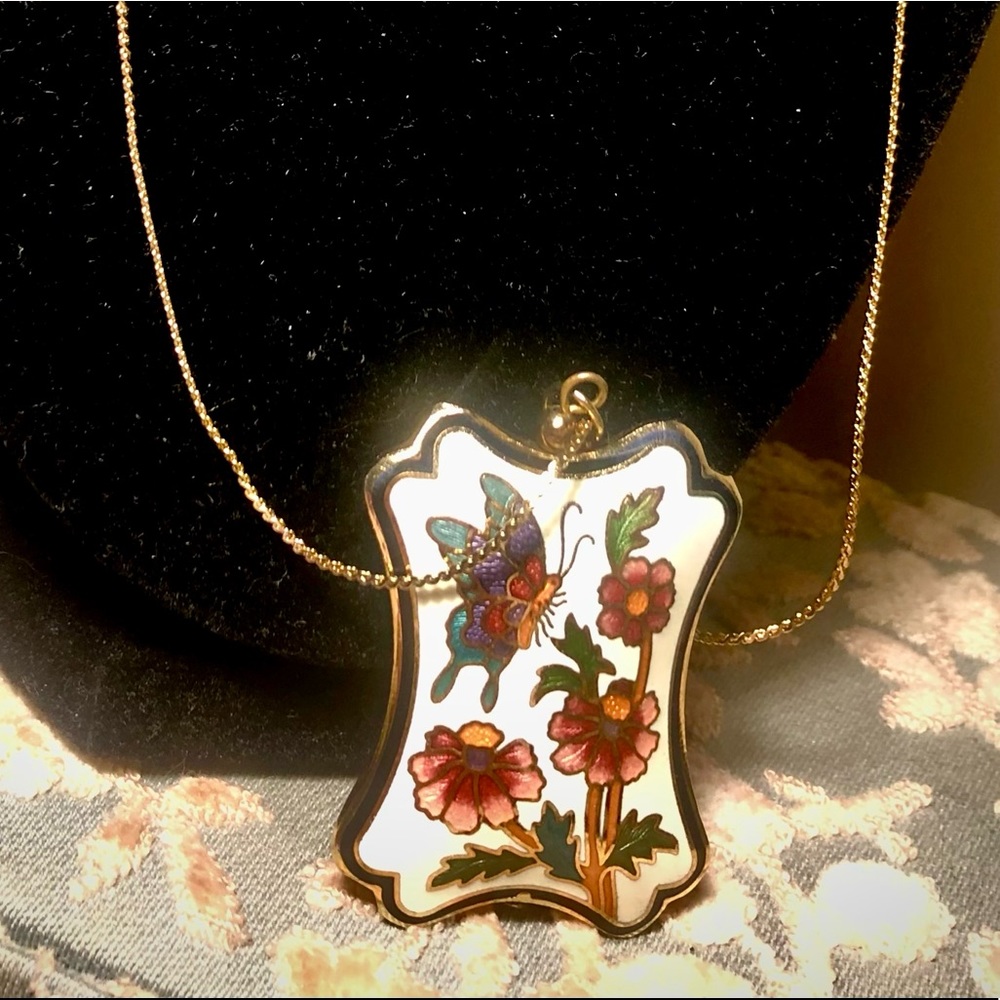 Vintage White & Gold Cloisonné, Guilloché Butterfly Pendant Necklace